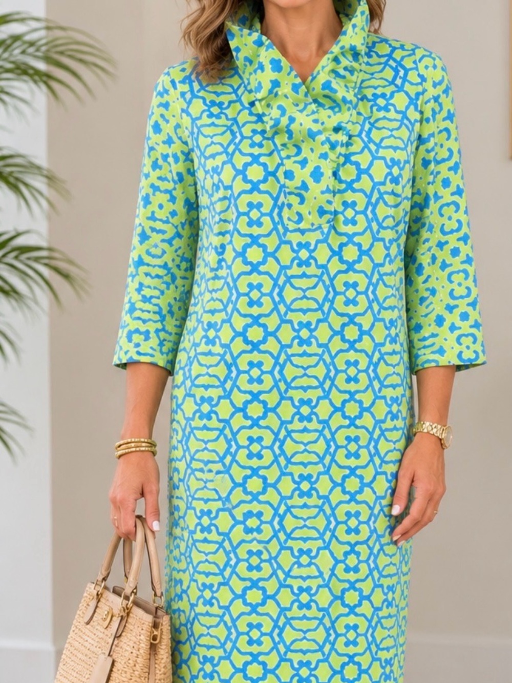 Gretchen Scott Designs Lime Green & Blue Geometric Dress